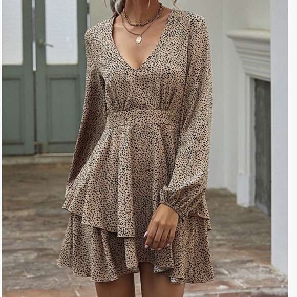 Leopard Print V Neck Print Tiered Long Sleeve Frill Mini Dress - Picture 5 of 7